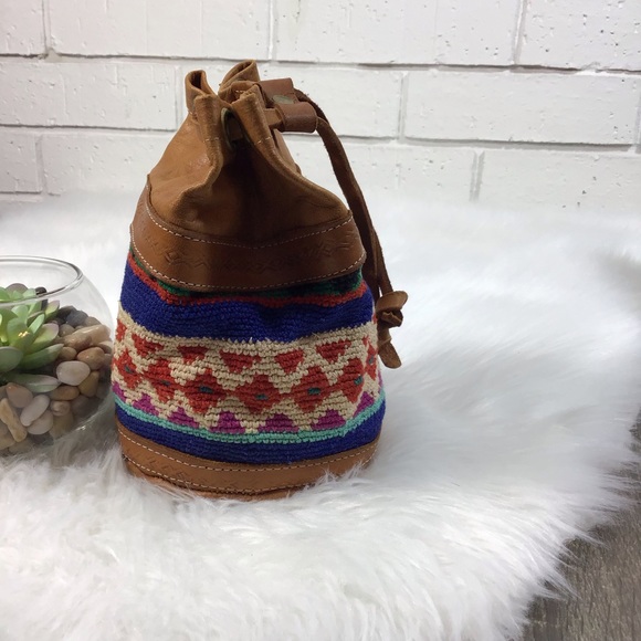 BOHO Woven Aztec Print Mini Leather Cinch Bag - Picture 3 of 8